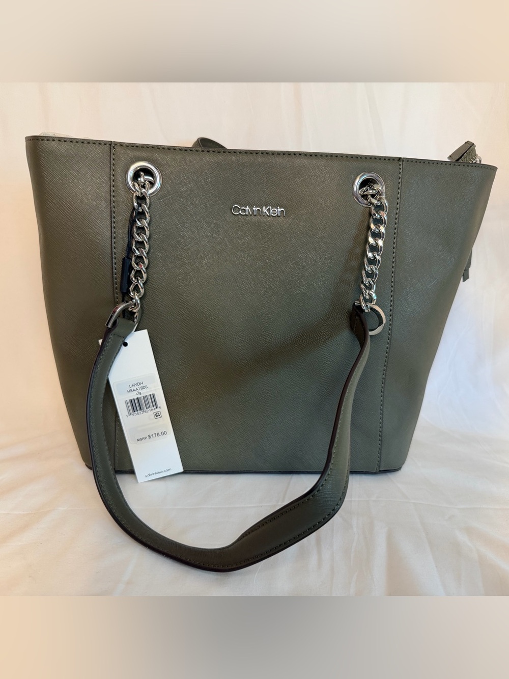 Calvin Klein Olive Green Saffiano Chain-Handle Tote